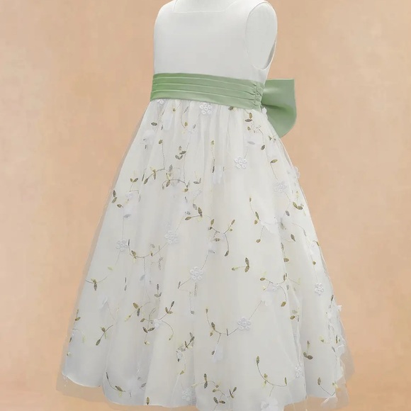 Azazie Pollie Blushing Pink Dusty Sage A-Line Bow Tulle Dress Size 2 - Toddler - Picture 6 of 8